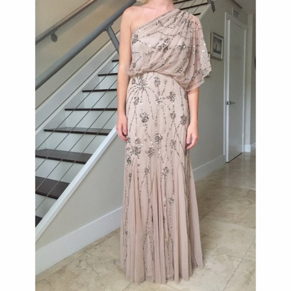 Adrianna Papell One-Shoulder Embellished Maxi Dress in Taupe